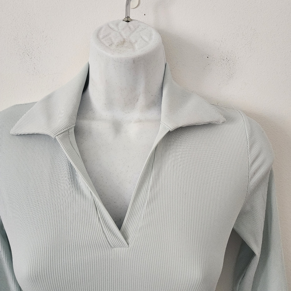 House of Harlow 1960 Green Ribbed Long Sleeve Collared Bodysuit w/ Snaps Size XS - Picture 7 of 13